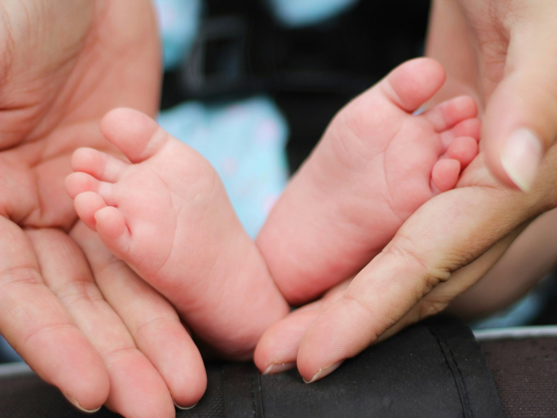 Adult hand cradling a baby's feet
