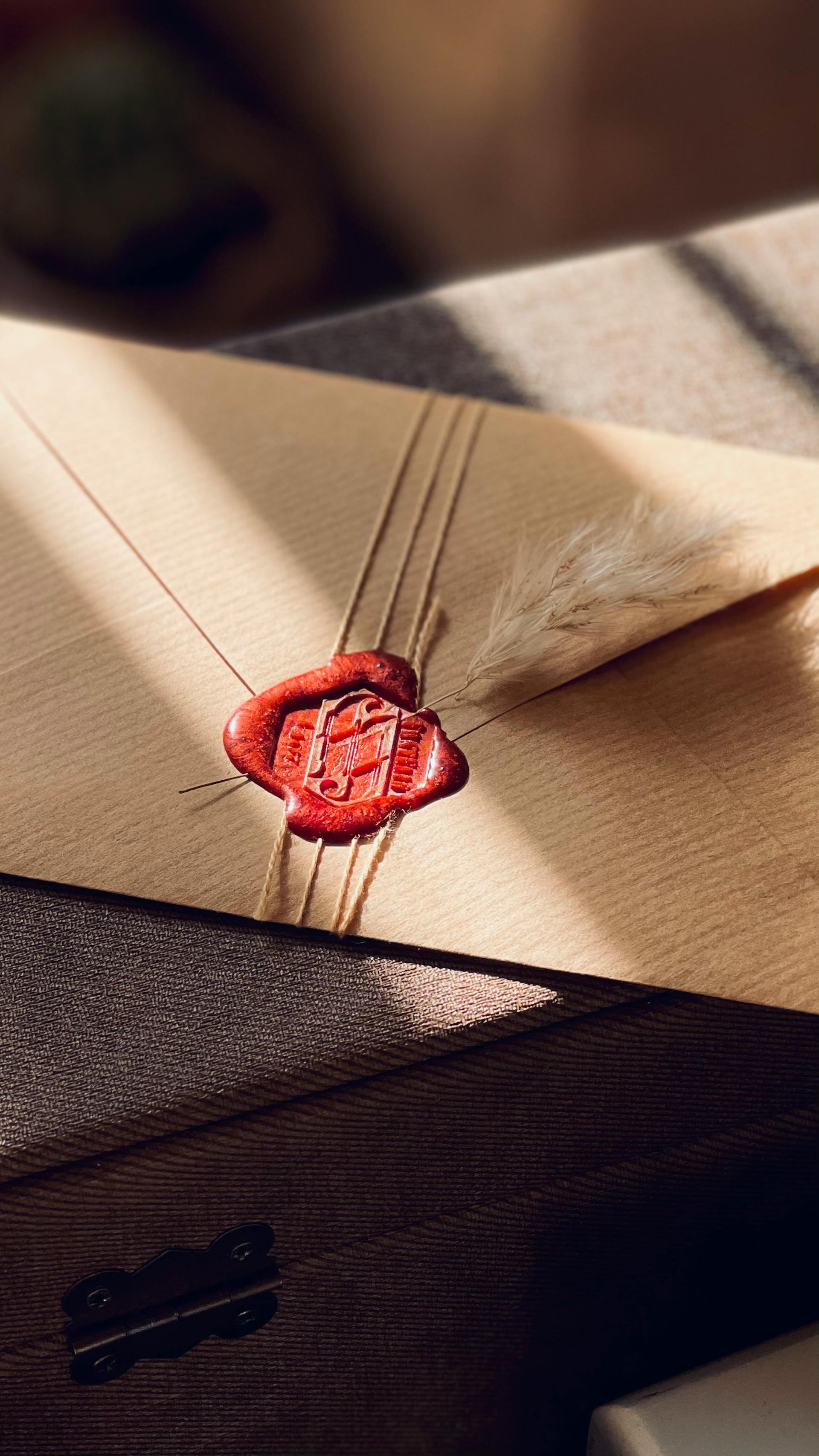 A sealed cream envelope with a red wax seal on a warm wooden surface